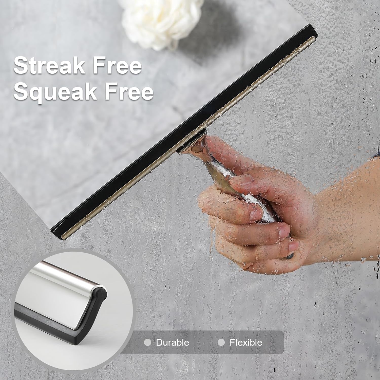 All-Purpose Shower Squeegee for Shower Doors, Bathroom, Window, Glass and Car Windshield, Includes Suction Hook & Adhesive Hook, 18/8 Stainless Steel, 12", Silver