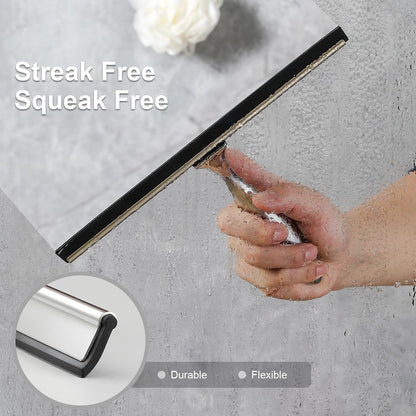 All-Purpose Shower Squeegee for Shower Doors, Bathroom, Window, Glass and Car Windshield, Includes Suction Hook & Adhesive Hook, 18/8 Stainless Steel, 12", Silver