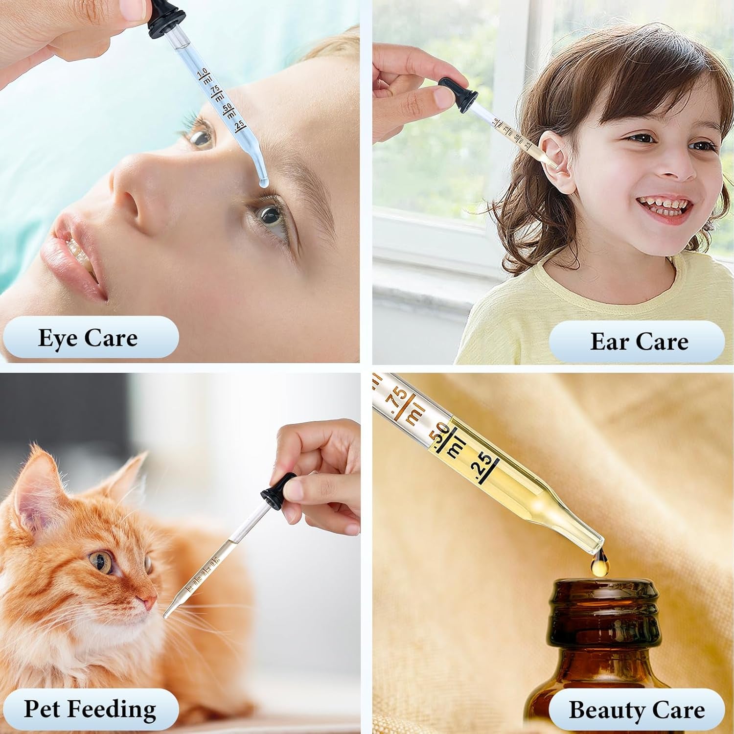 4 Pack 1Ml Glass Eye Dropper with Measurement, Glass Medicine Droppers Tool, Long & Short, Bent & Straight Tip Calibrated Pipettes Dropper, Accurate Dose Dropper Measurer for Essential Oils Ear Lab