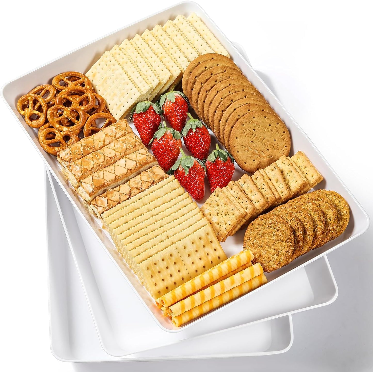 3 Pack, 16" X 11" Large White Serving Trays Set - Reusable Plastic Serving Platters for Cookie, Appetizer, Charcuterie, Snack, Dessert, Party Food Display - Stackable Kitchen Countertop Tray, BPA Free