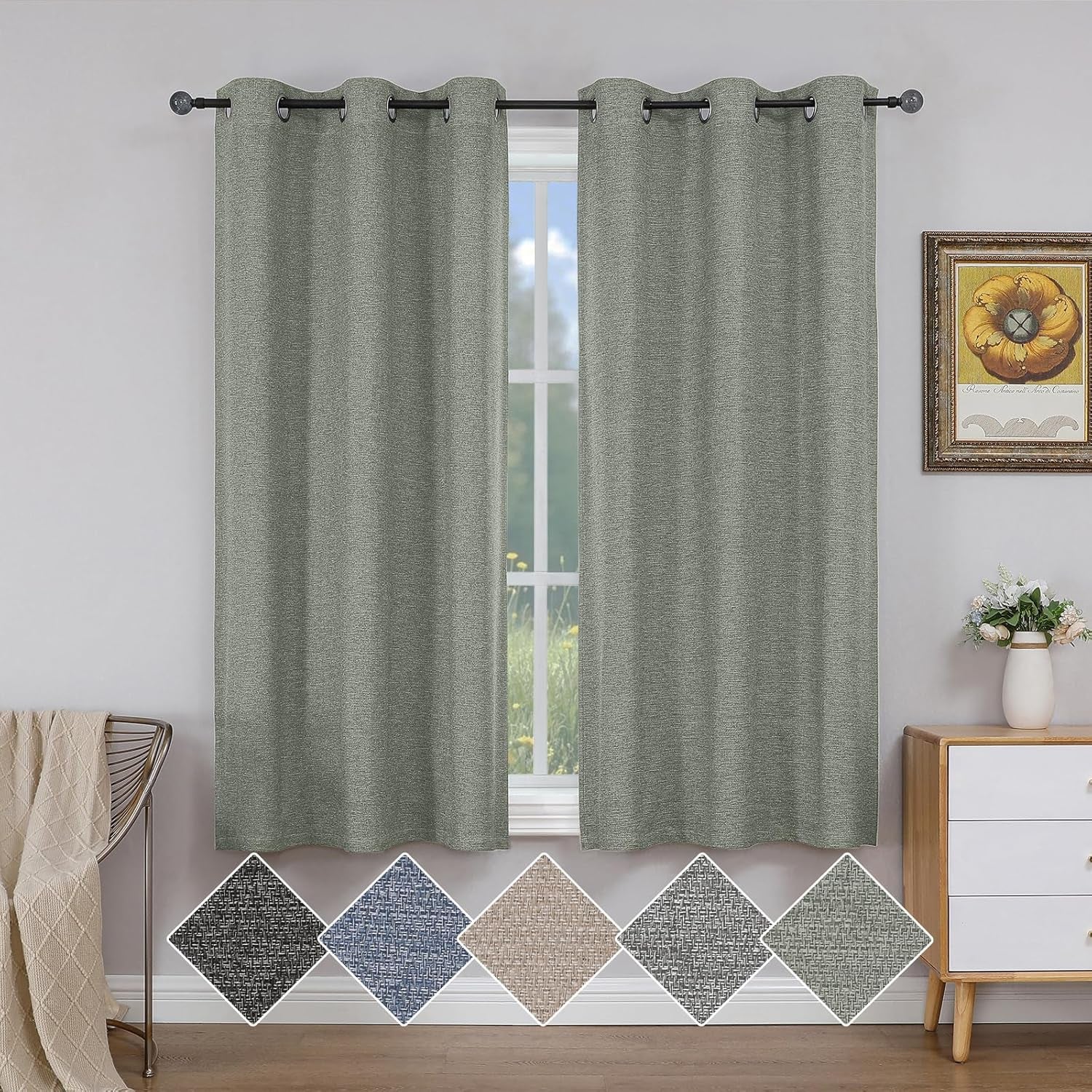 Linen Textured 100% Sage Green Blackout Curtains 63 Inch Length 2 Panels for Bedroom, Thermal Insulated Soundproof Grommet Curtains Blackout, Farmhouse Window Privacy Drapes, 40"W X 63"L
