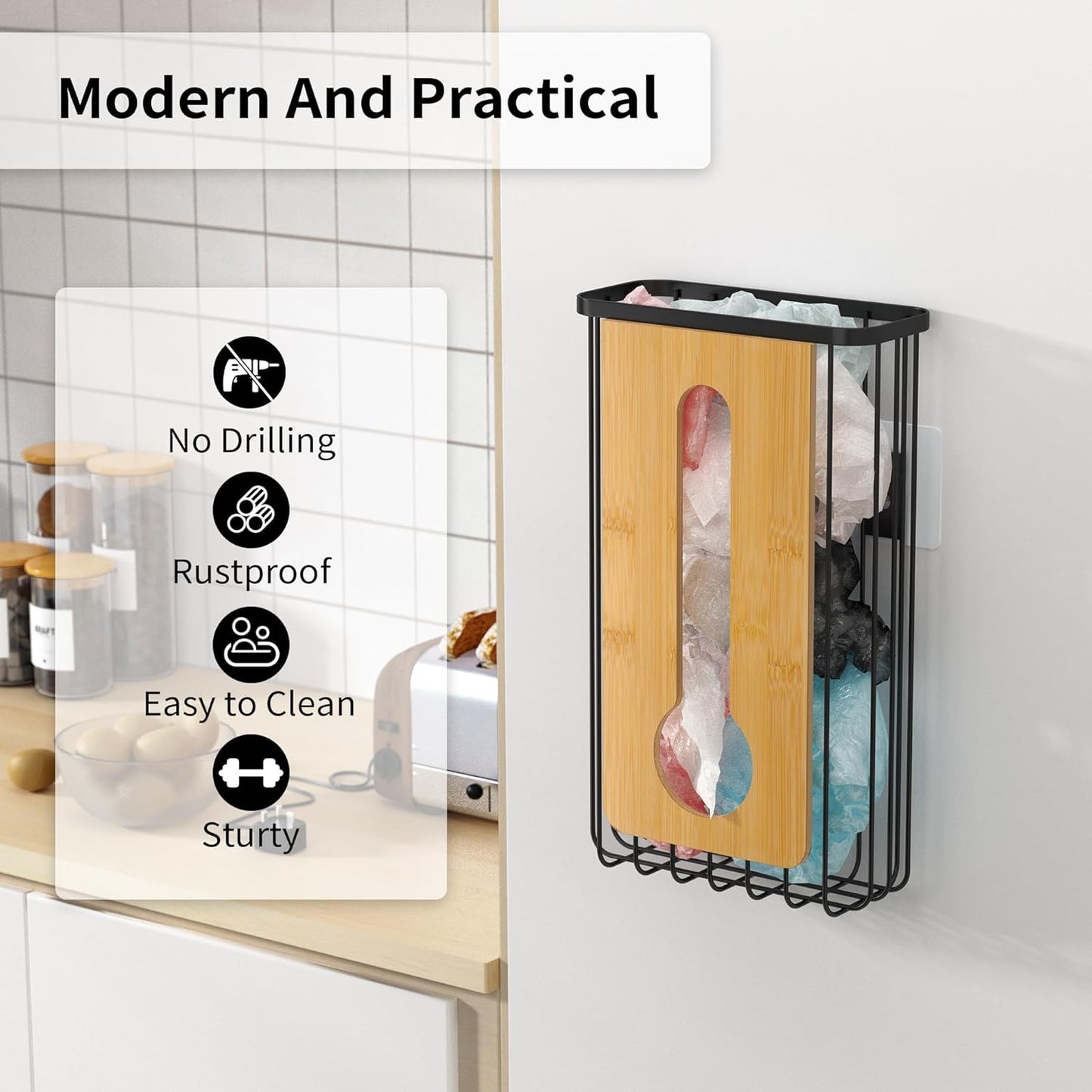 Plastic Grocery Bag Holder - Extra Large Trash Bag Dispenser Wall Mount with Mounting Accessories - Matte Black Reusable Bags Storage Organizer for Kitchen, under Sink, Pantry, Garage