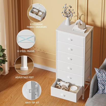 White Vertical Tall Dresser with 6 Fabric Drawers - Versatile Storage Tower and Nightstand for Bedroom, Living Room, Closet, Entryway, and Hallway