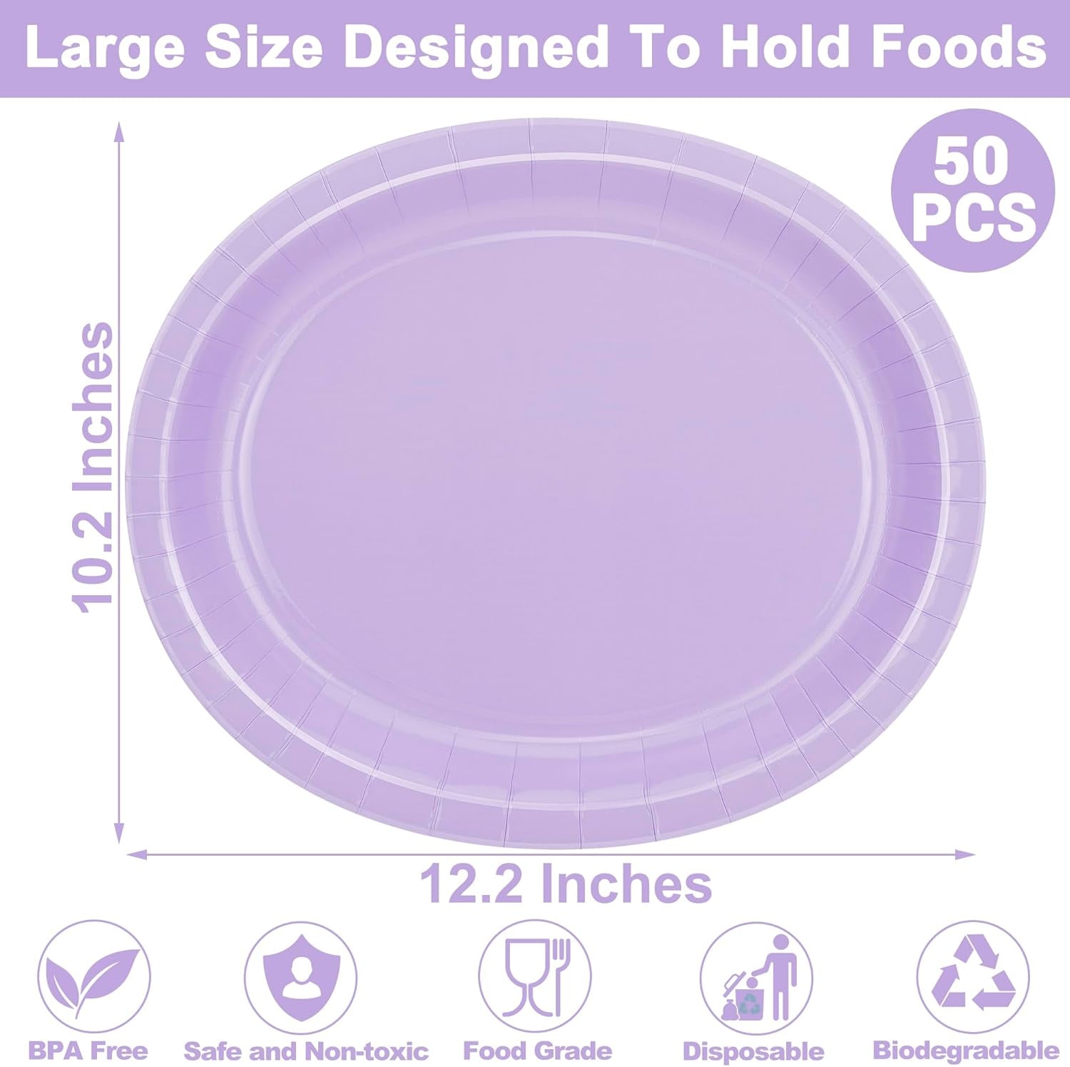 50 Count Oval Paper Plates, 12.2'' X 10.2'' Large Lavender Disposable Plates for Daily Dinner, Wedding, Birthday, Party, Picnic, Baby Shower, Barbecue