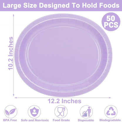 50 Count Oval Paper Plates, 12.2'' X 10.2'' Large Lavender Disposable Plates for Daily Dinner, Wedding, Birthday, Party, Picnic, Baby Shower, Barbecue