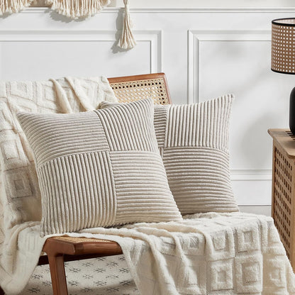 2 Packs Neutral Taupe Decorative Throw Pillow Covers 18X18 Inch for Living Room Couch Sofa, Rustic Farmhouse Boho Home Decor, Soft Corss Corduroy Patchwork Textured Square Cushion Case 45Cm