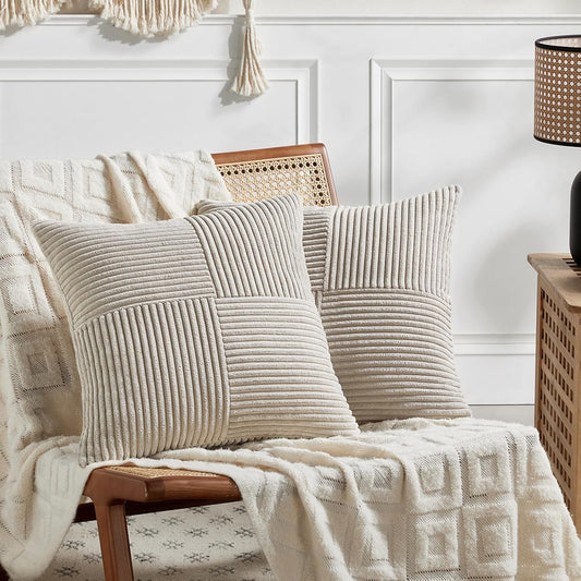 2 Packs Neutral Taupe Decorative Throw Pillow Covers 18X18 Inch for Living Room Couch Sofa, Rustic Farmhouse Boho Home Decor, Soft Corss Corduroy Patchwork Textured Square Cushion Case 45Cm