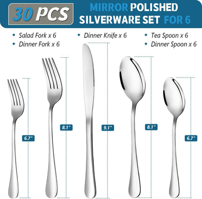 30 Piece Silverware Set, Stainless Steel Flatware Utensil Sets for 6, Silver Cutlery Set Includes Forks Spoons Knives, Mirror Polished, Dishwasher Safe