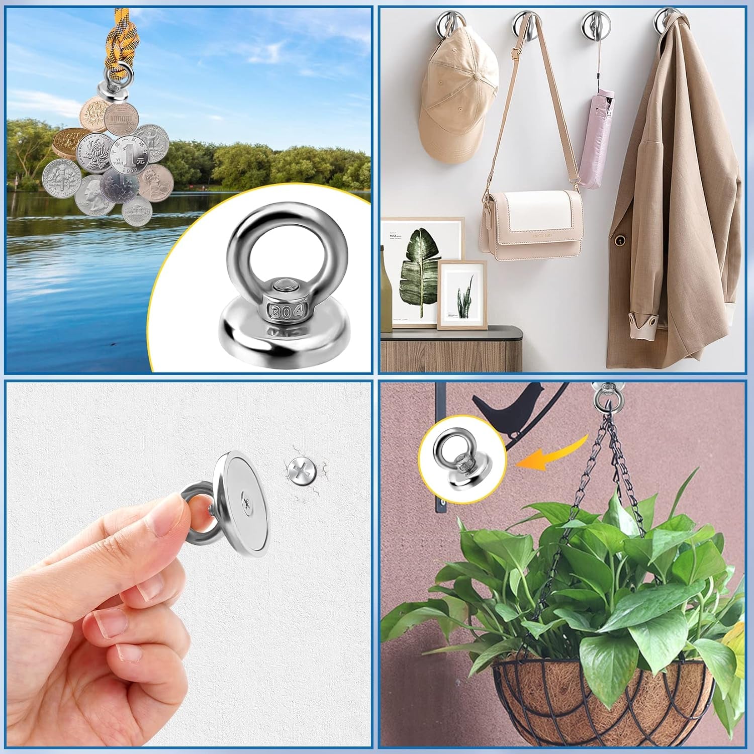 Heavy-Duty Magnetic Hooks 10-Pack, 60 lbs Pulling Force Neodymium Magnets with Countersunk Eyebolt for Home, Office, Garage, and Kitchen Use