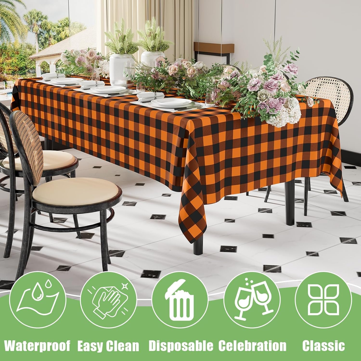 3 Packs Gingham Disposable Table Cloth, 54 X 108 Inch Waterproof Plastic Tablecloth, Rectangle Black and Orange Checkered Table Covers for Picnic, Birthday, Party