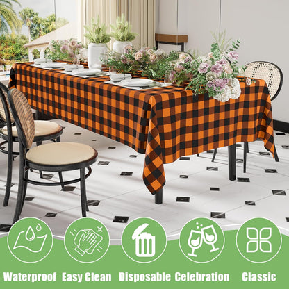 3 Packs Gingham Disposable Table Cloth, 54 X 108 Inch Waterproof Plastic Tablecloth, Rectangle Black and Orange Checkered Table Covers for Picnic, Birthday, Party