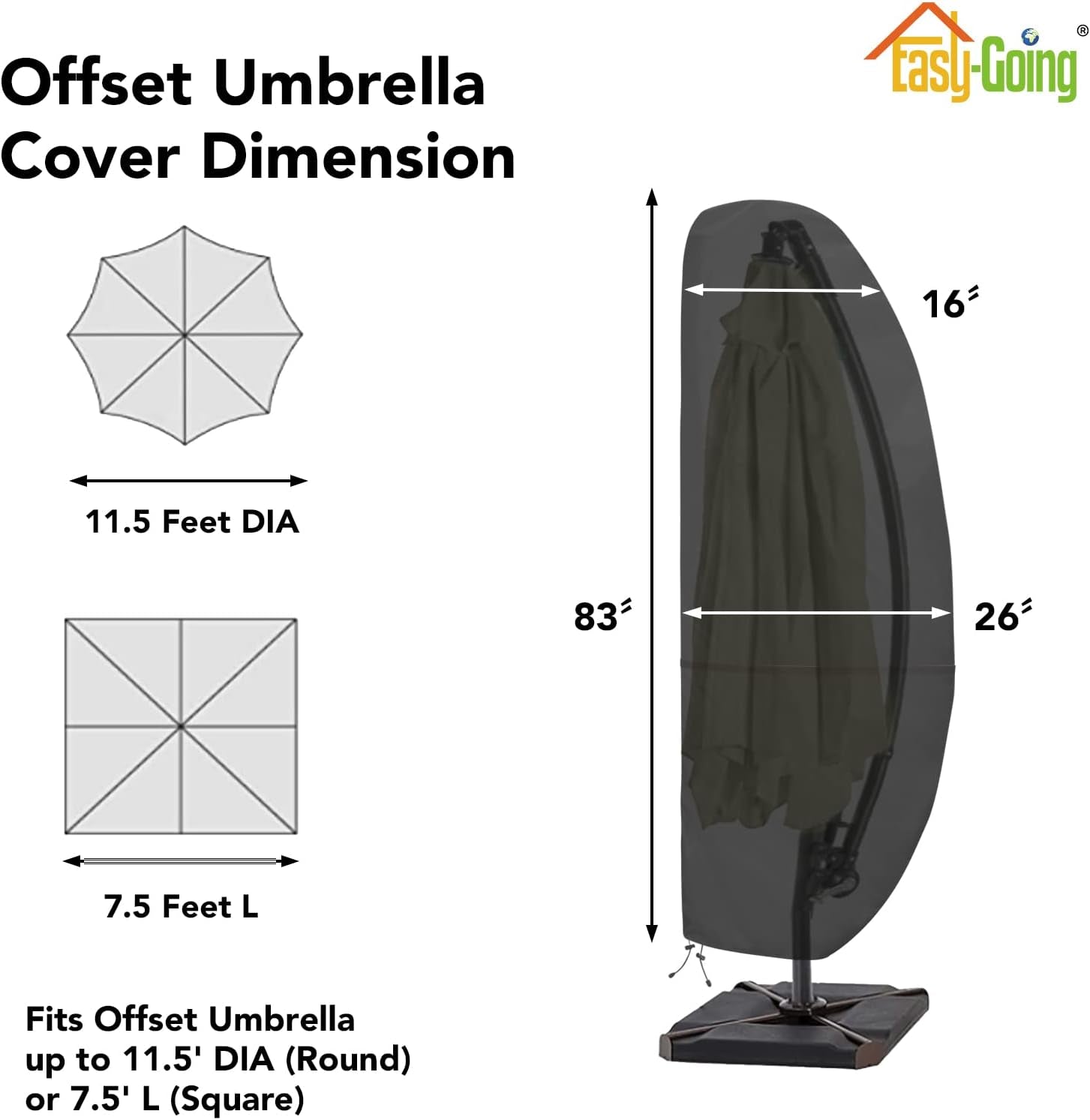 Patio Umbrella Cover Outdoor Offset Umbrella Cover Waterproof Cantilever Parasol Cover for 7.5Ft to 11.5Ft Banana Frame Umbrella, Black