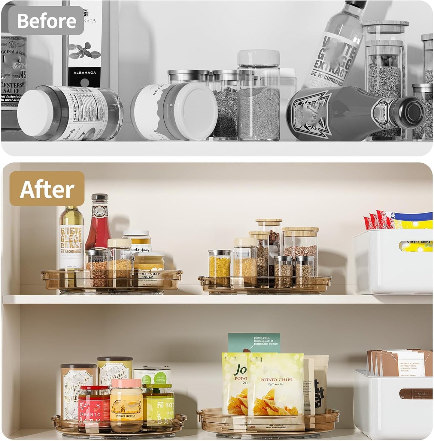 2 Pack Lazy Susan Turntable Organizer for Cabinet, 10.6'' 9.25'' Condiment Organizer for Refrigerator, Kitchen Pantry, Medicine Cabinet Organizer, Spices Rack Organization, Bathroom, Amber