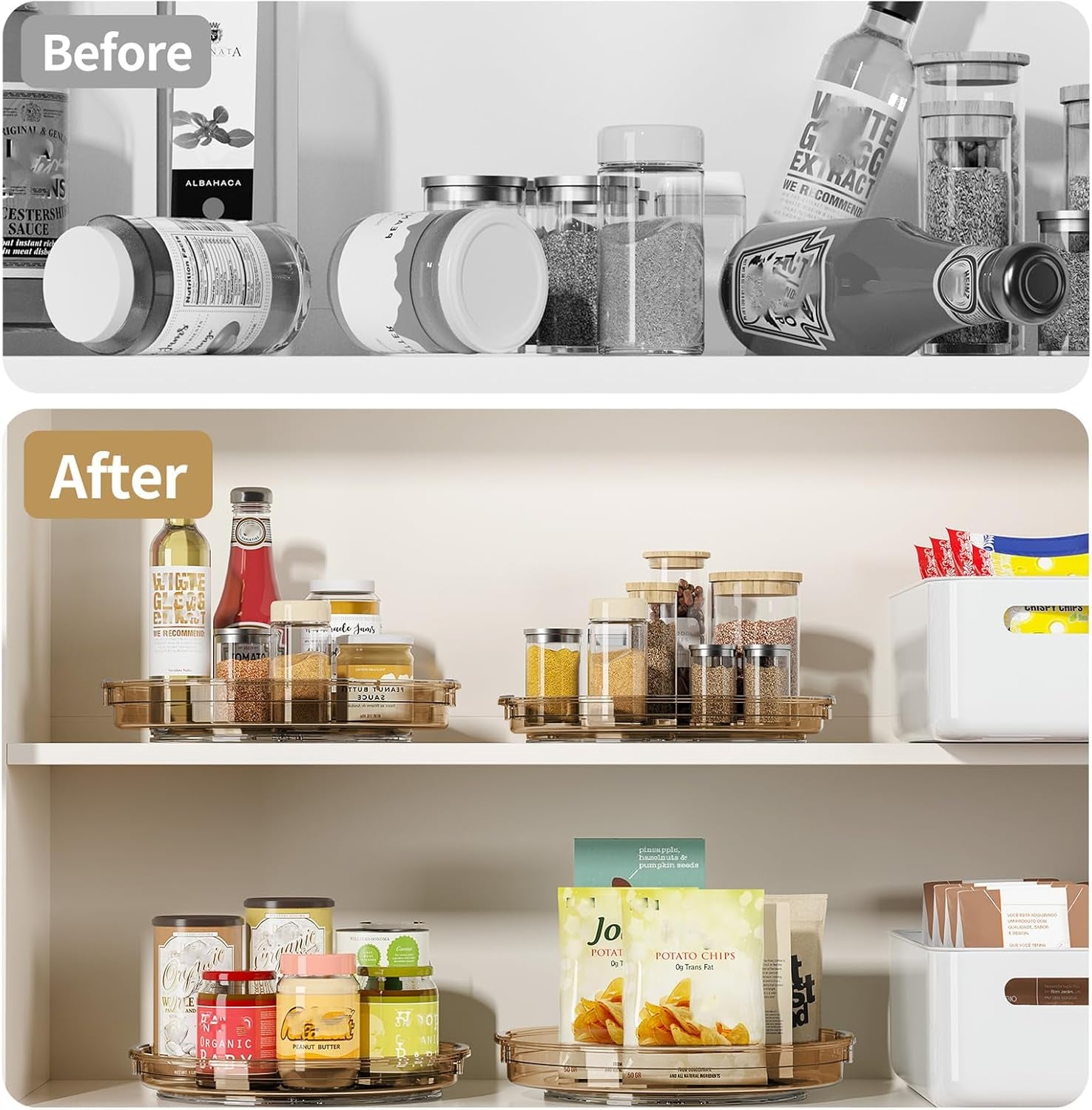 2 Pack Lazy Susan Turntable Organizer for Cabinet, 10.6'' 9.25'' Condiment Organizer for Refrigerator, Kitchen Pantry, Medicine Cabinet Organizer, Spices Rack Organization, Bathroom, Amber