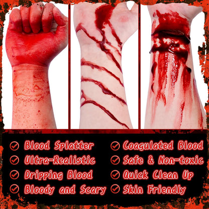 Halloween Fake Blood Makeup Kit, 3PCS Realistic Washable Costume Blood Set (1.69Oz Spray + 1.69Oz Dripping + 1.01Oz Coagulated ) for Zombie Vampire SFX, Dark Coagulated & Fresh Spray Effects