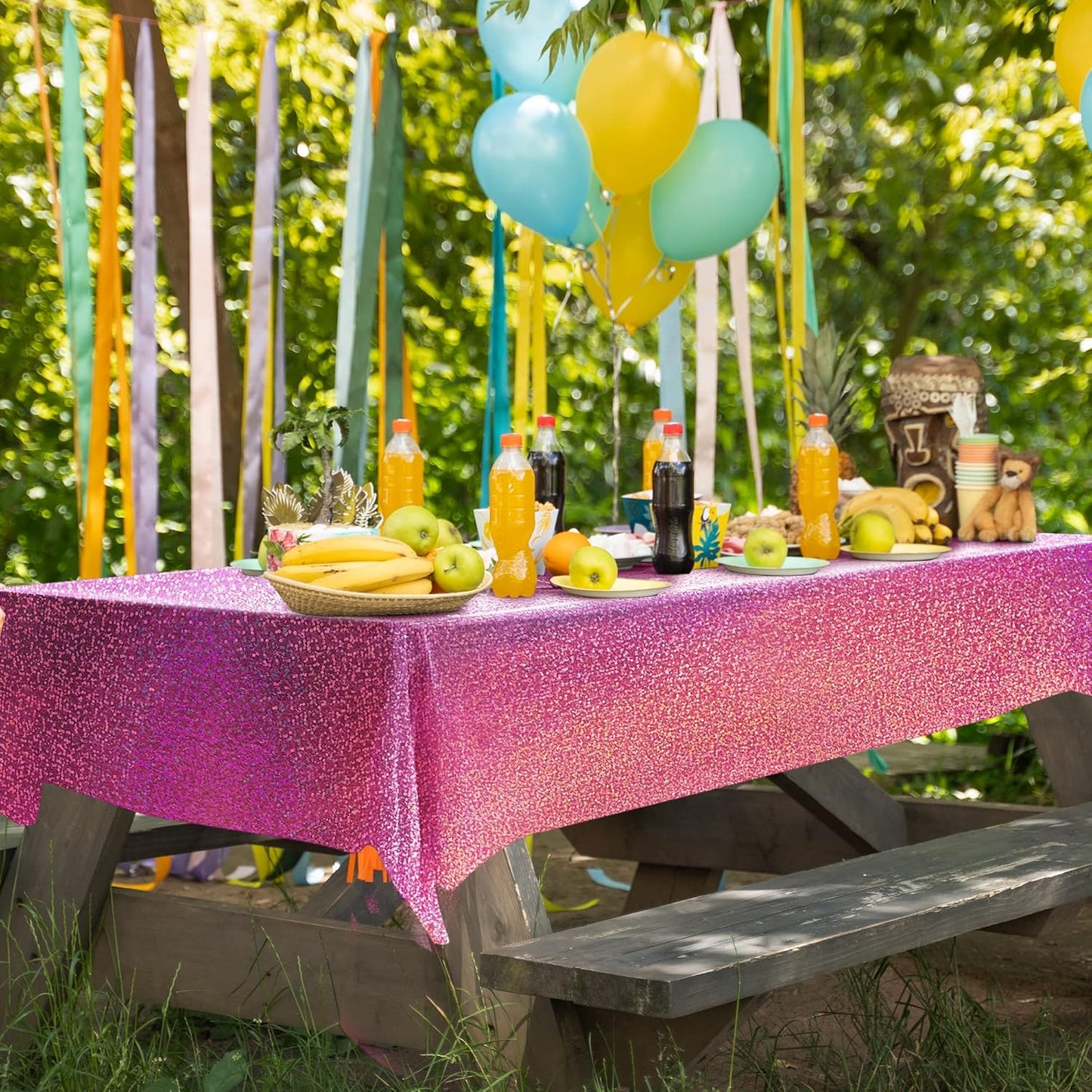 Holographic Pink and Purple Tablecloth Set - 40" x 108" Plastic Table Cover for Birthday, Halloween, and Bachelorette Party Decorations