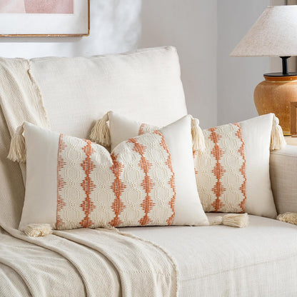 Set of 2 Boho Coral Lumbar Decorative Throw Pillow Cover 12X20 Inch for Couch Bed Sofa Chair, Modern Organic Farmhouse Home Decor, Cotton Cute Accent Rectangle Cushion Case with Tassels