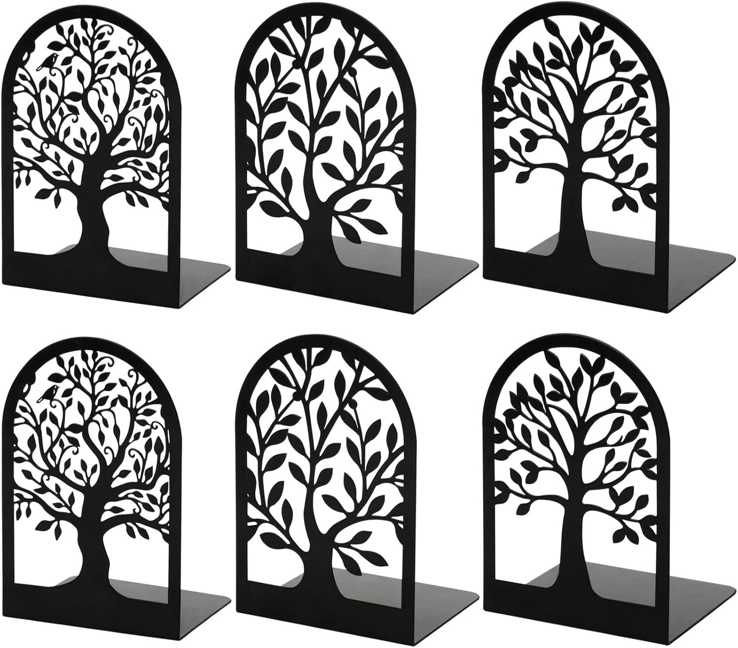Book Ends, Metal Bookends for Shelves Decorative, Tree Stopper for Heavy Books, Black Ends to Hold Books for Home Office, 6.5 X 4.7 X 3.5 Inch(3 Pairs/6 Pcs, Large)