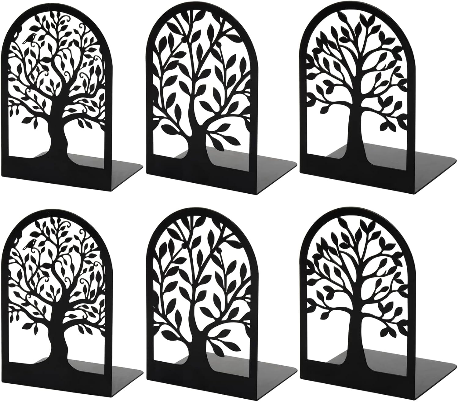 Book Ends, Metal Bookends for Shelves Decorative, Tree Stopper for Heavy Books, Black Ends to Hold Books for Home Office, 6.5 X 4.7 X 3.5 Inch(3 Pairs/6 Pcs, Large)
