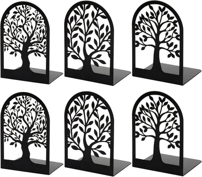 Book Ends, Metal Bookends for Shelves Decorative, Tree Stopper for Heavy Books, Black Ends to Hold Books for Home Office, 6.5 X 4.7 X 3.5 Inch(3 Pairs/6 Pcs, Large)