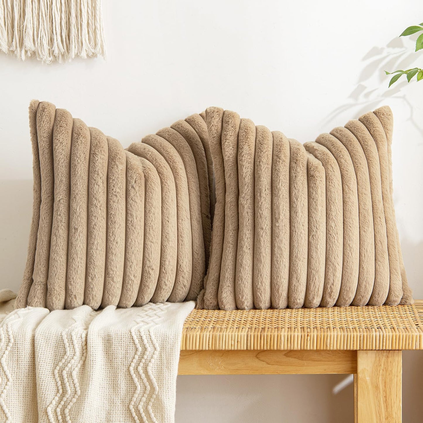 Faux Fur Plush Decorative Throw Pillow Covers Set of 2 Luxury Soft Fluffy Striped Pillowcases Cushion for Sofa Couch Bed Living Room Khaki 18X18 Inch