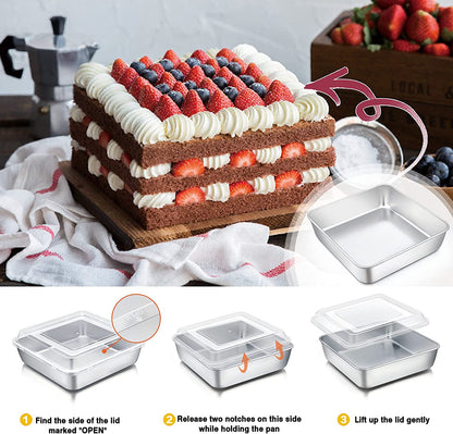Square Baking Cake Pan with Lid, Stainless Steel Lasagna Brownie Pan and Plastic Cover for Picnic Wedding Birthday, Healthy & Sturdy, Oven & Dishwasher Safe, (8 Inch, 2Pcs)