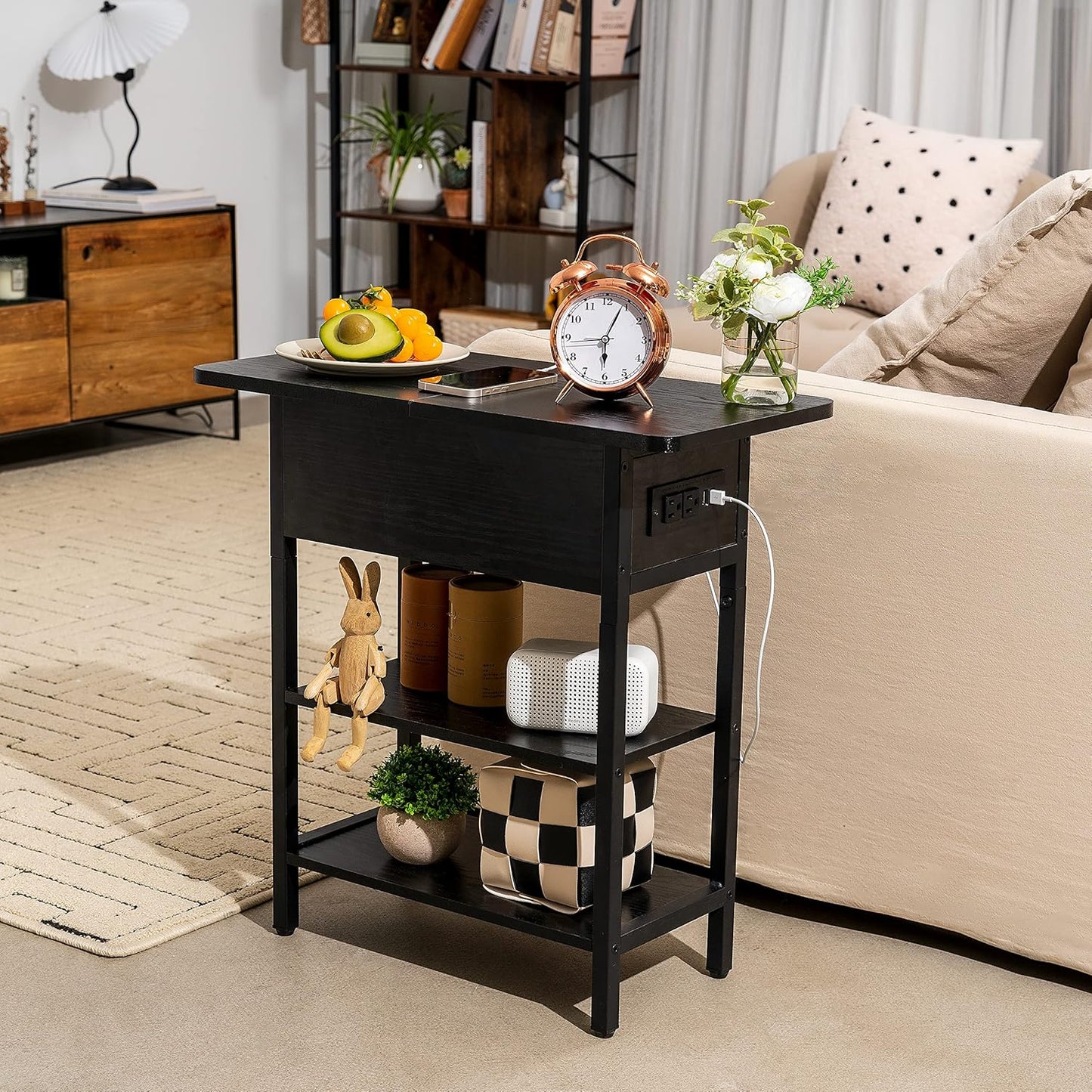 End Table with Charging Station, Flip Top Side Table with USB Ports and Outlets, Sofa Couch Table Bedside Table for Living Room Bedroom, Narrow Nightstand with Storage Shelves for Small Space