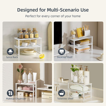 Cabinet Organizer Shelf, Set of 2 Stackable Wooden Spice Racks for Kitchen Counter, Pantry Storage, or Office – Space-Saving Shelves, Side-By-Side & Vertical, White