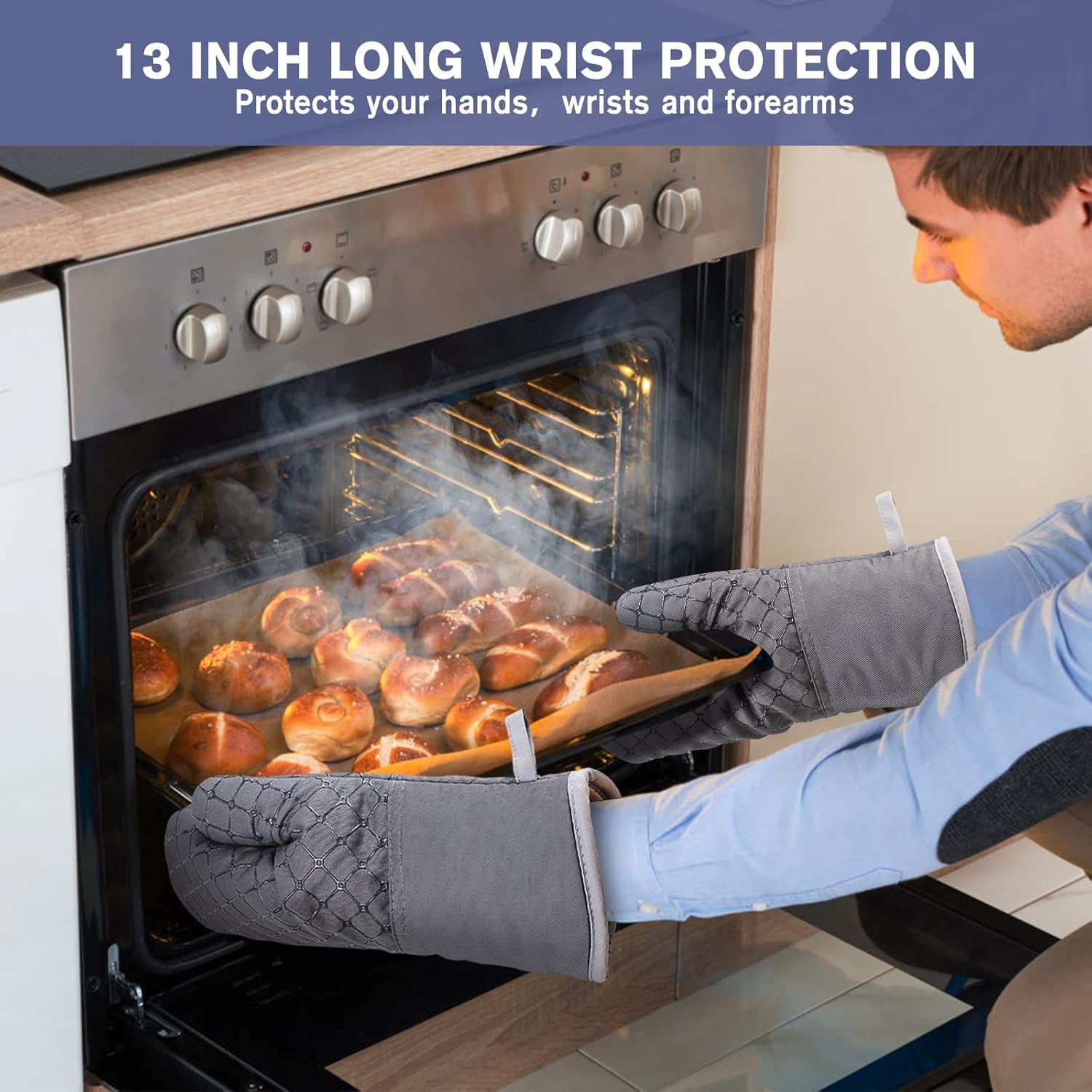 6-Piece Heat-Resistant Oven Mitts and Pot Holders Set with Soft Cotton Lining and Non-Slip Silicone Surface for Safe Baking, Cooking, and BBQ (Grey)