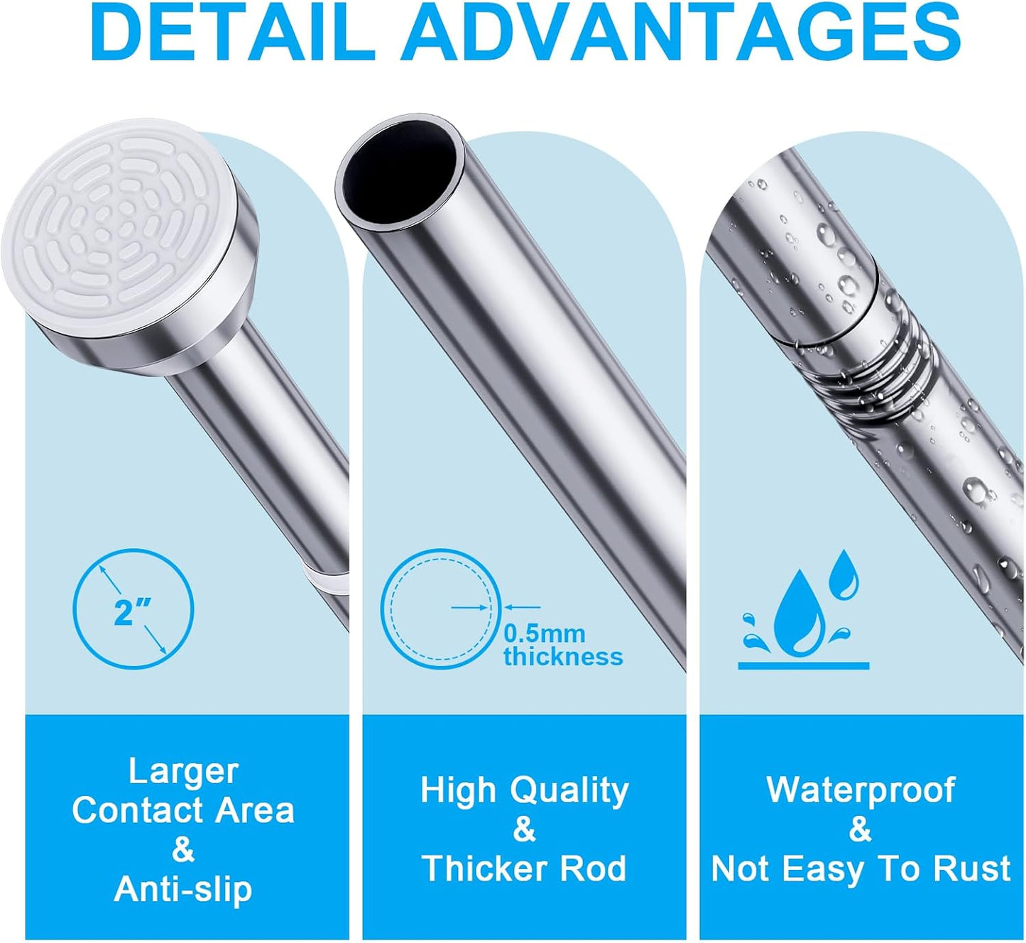 Shower Curtain Rod, 27-76 Inch Adjustable Tension Spring, Shower Curtain Rod Tension, Anti-Slip, Rust-Proof, No Drilling, for Bathroom, Silver