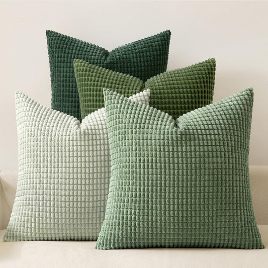 Sage Green Corduroy Pillow Covers 18x18 Inch Set of 4 - Boho Farmhouse Modern Nordic Decor for Couch, Bed, and Living Room