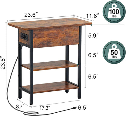 End Table with Charging Station, Flip Top Side Table with USB Ports and Outlets, Sofa Couch Table Bedside Table for Living Room Bedroom, Narrow Nightstand with Storage Shelves for Small Space