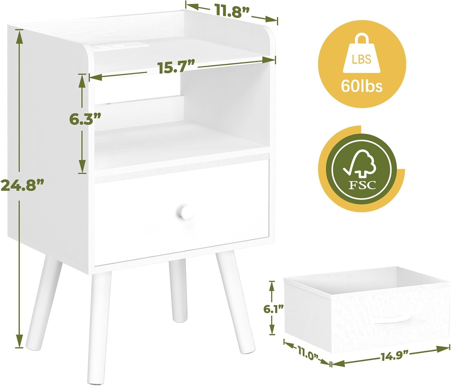 Nightstand with Charging Station, Modern Night Stand with LED Lights, Wood Nightstands with Fabric Drawer & Storage Shelf, Night Stands Bedside Table with USB Ports for Bedroom, Office, Home