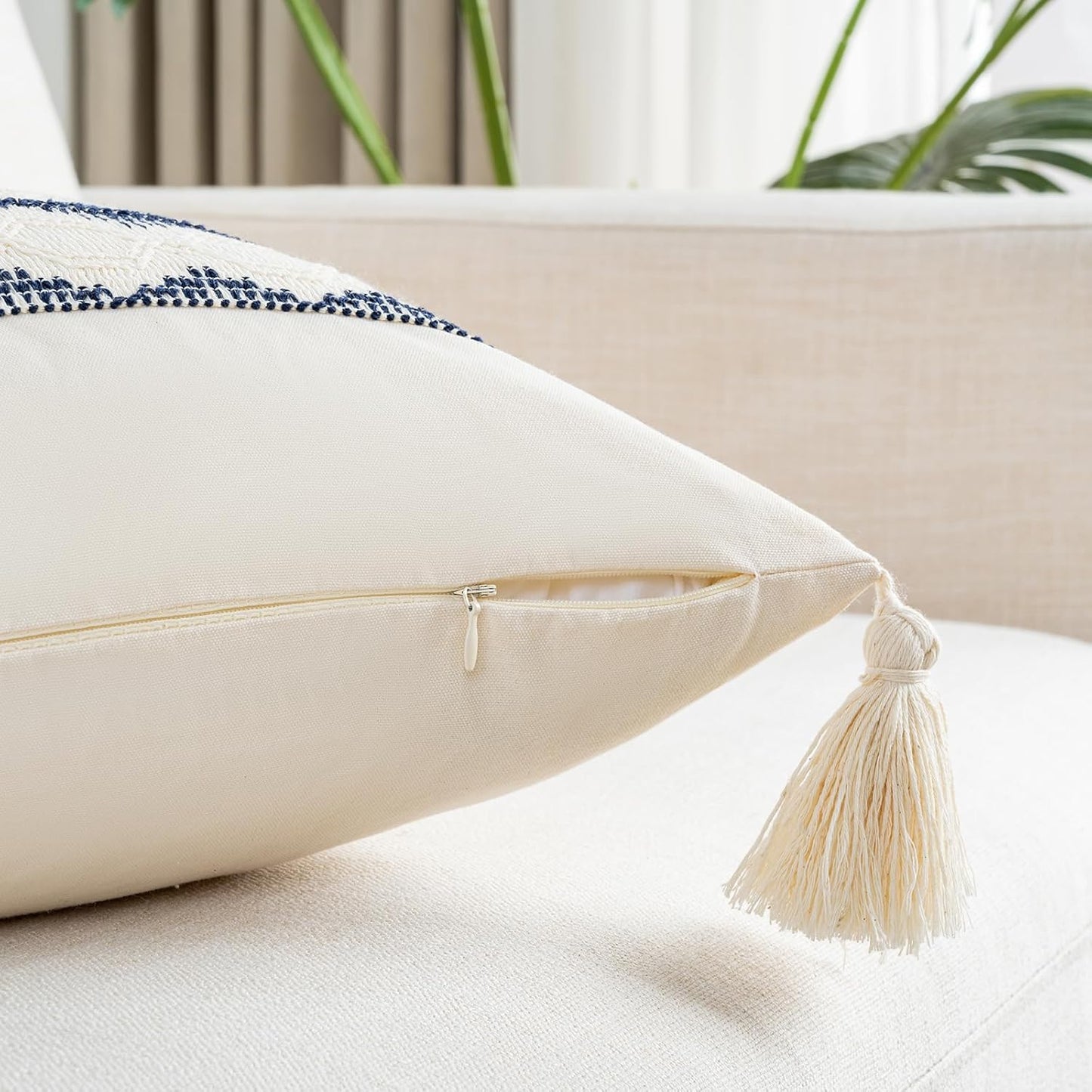 Set of 2 Navy Blue Lumbar Decorative Throw Pillow Covers 12X20 Inch for Couch Bed Sofa Living Room, Aesthetic Organic Farmhouse Home Decor, Cotton Woven Textured Cushion Case with Tassels