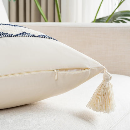 Set of 2 Navy Blue Lumbar Decorative Throw Pillow Covers 12X20 Inch for Couch Bed Sofa Living Room, Aesthetic Organic Farmhouse Home Decor, Cotton Woven Textured Cushion Case with Tassels