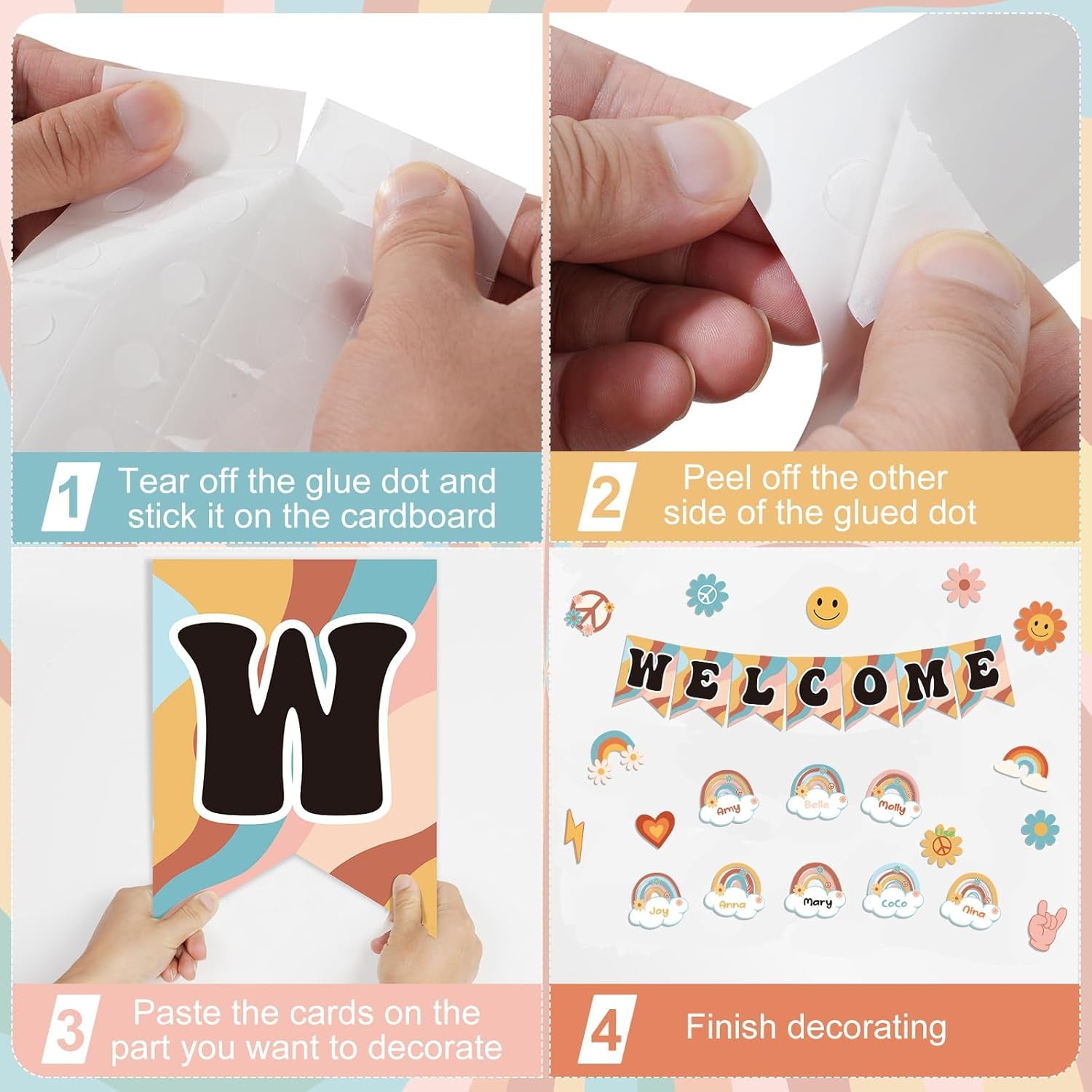 61Pcs Retro Welcome Back to School Bulletin Board Welcome Poster Banner Groovy Rainbow Theme Welcome Sign Decor with Glue Point for First Day of Kindergarten Preschool Classroom Decorations