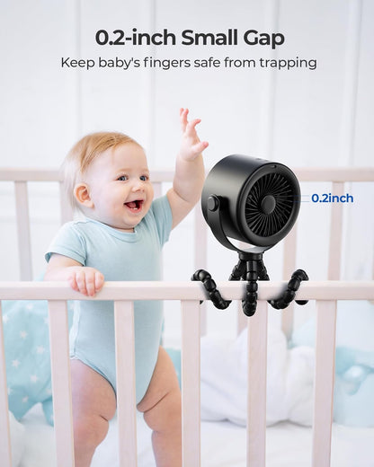 Portable Stroller Fan, Rechargeable Battery Operated, 5 Speeds with High-Speed Cooling, 17H Runtime, Digital Display, 360° Rotation, Ultra-Quiet, Flexible Tripod for Car Seats, Tents, Cribs