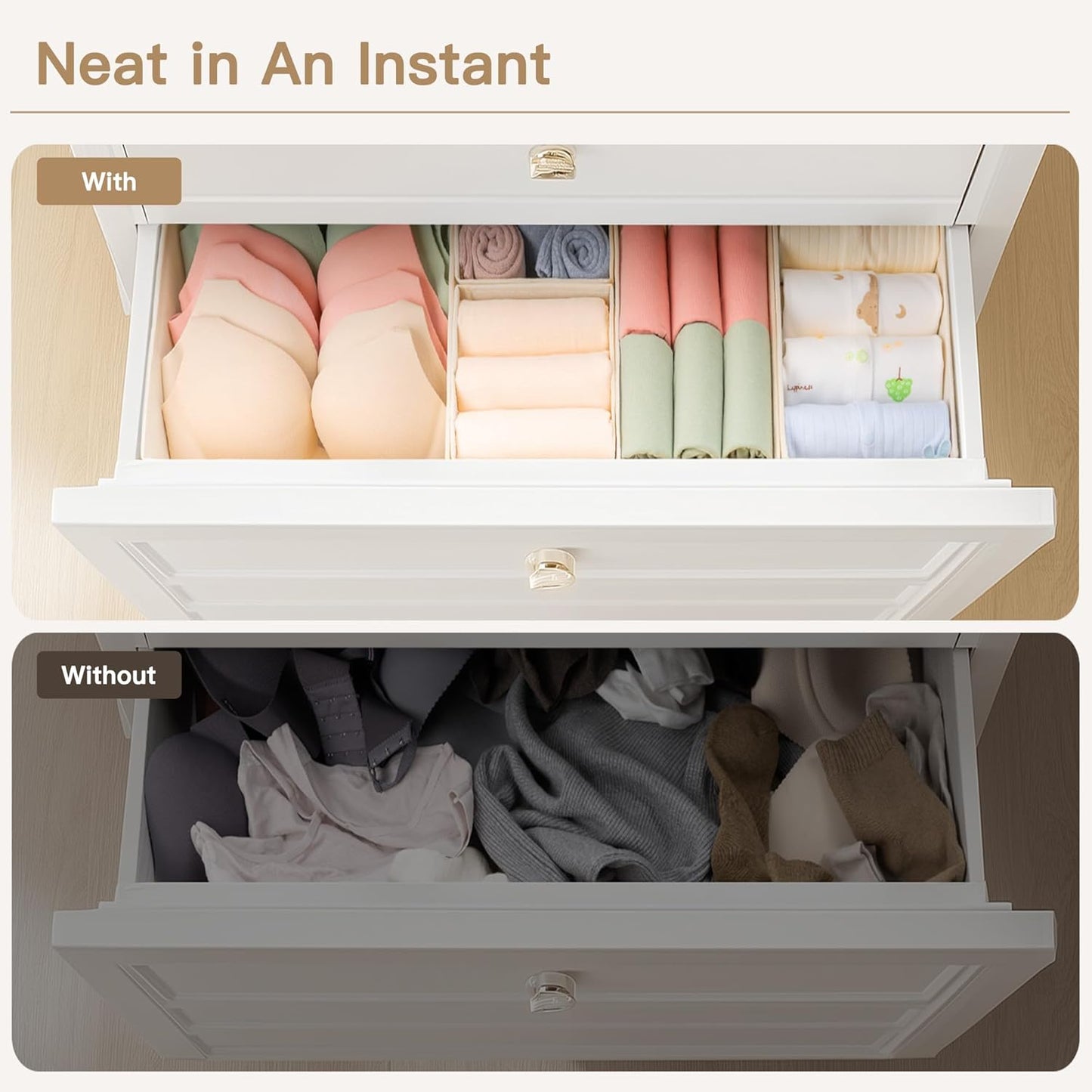 Drawer Organizer Clothes, 14 Pack Dresser Organizer for Baby Clothes, Underwear, Sock- Foldable Closet Organization and Storage Dividers Bins for Nursery, Bedroom and Dorm (Beige)