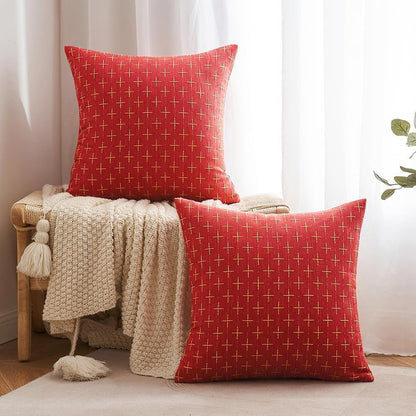 Pack of 2 Christmas Decorative Burlap Linen Throw Pillow Covers Modern Farmhouse Pillowcase Rustic Woven Textured Cushion Cover for Sofa Couch Bed 18X18 Inch Christmas Red