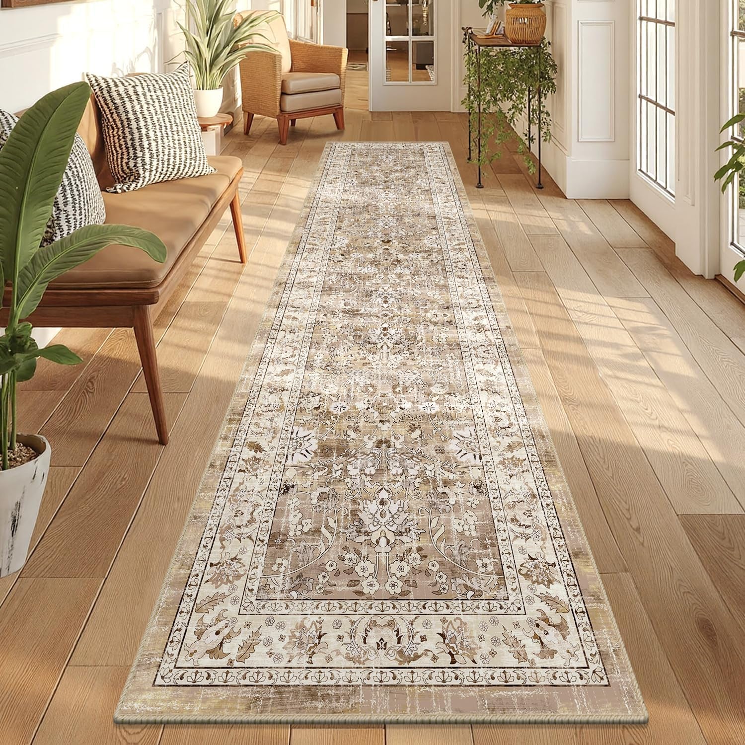 Washable Non-Slip Vintage Hallway Runner Rug, 2x8 ft, Boho Floral Soft Faux Wool Carpet with Rubber Backing for Laundry, Entryway, and Bedroom (Beige Brown)