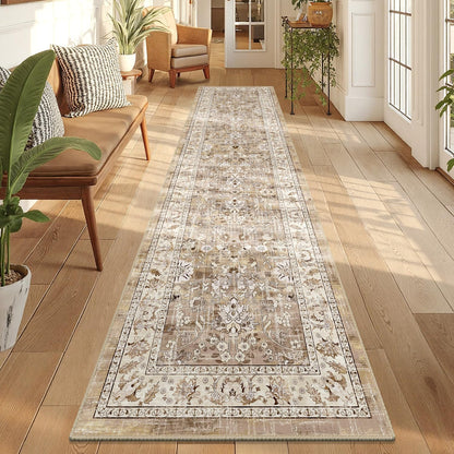 Washable Non-Slip Vintage Hallway Runner Rug, 2x8 ft, Boho Floral Soft Faux Wool Carpet with Rubber Backing for Laundry, Entryway, and Bedroom (Beige Brown)