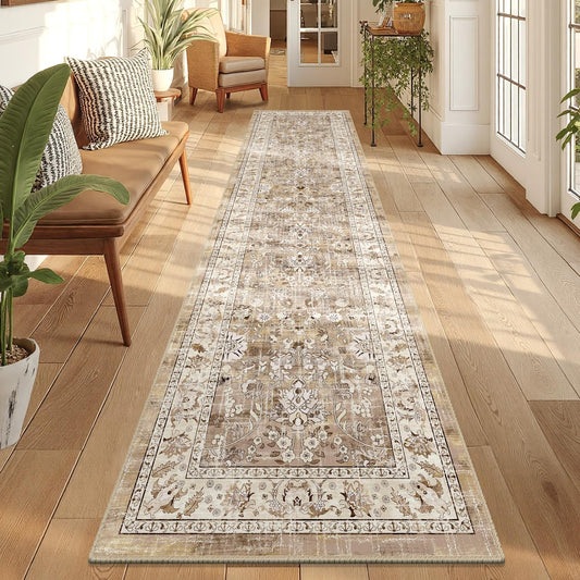 Washable Non-Slip Vintage Hallway Runner Rug, 2x8 ft, Boho Floral Soft Faux Wool Carpet with Rubber Backing for Laundry, Entryway, and Bedroom (Beige Brown)