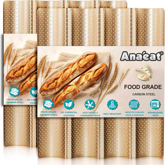 2 Pack Nonstick Perforated French Bread Baking Pan, 15"X 13" Premium Toast Mold for 4 Loaves Baguettes, French & Italian Bread Trays for Baking Loaf Bread, Ventilation & Heat Resistant (Gloden)