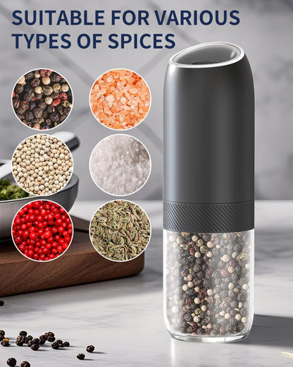 Gravity Electric Salt and Pepper Grinder Set Battery Powered Automatic Pepper Mill Grinders with 176Ml Container, Adjustable Coarseness, Bright LED Light and One Hand Operation, Black