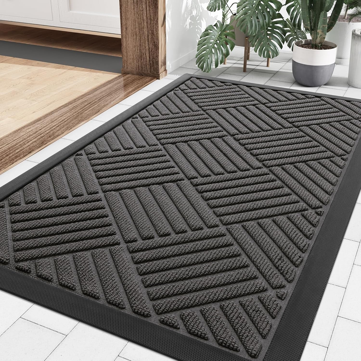Outdoor Door Mat, Heavy Duty Natural Rubber Mat, 29.5X17 Inch, Grey and Black, 2 Item Bundle