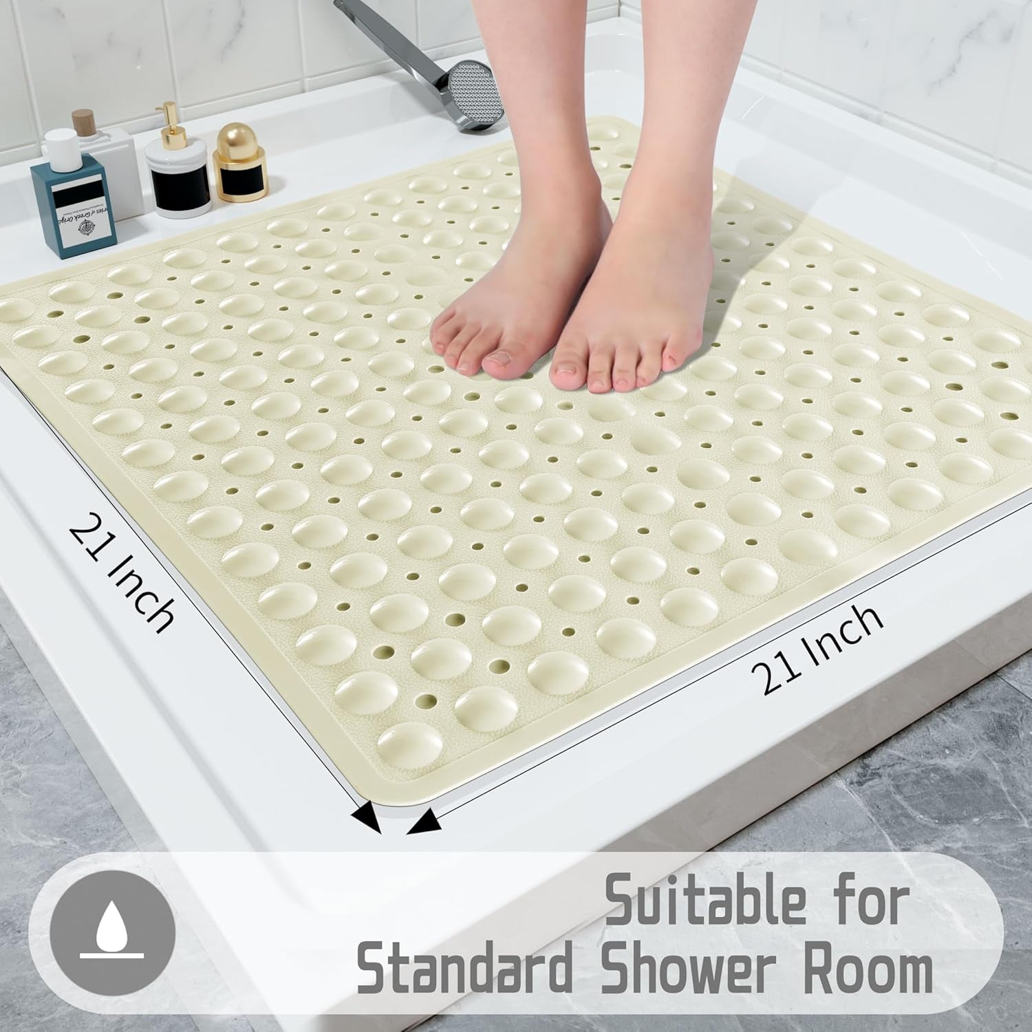 Shower Stall Mat Non Slip, 21X21 Inch, Soft Square Bath Mat for Shower with Suction Cups and Drain Holes, Stall Floor Mats for Bathroom, Machine Washable, Bathroom Accessories, Beige