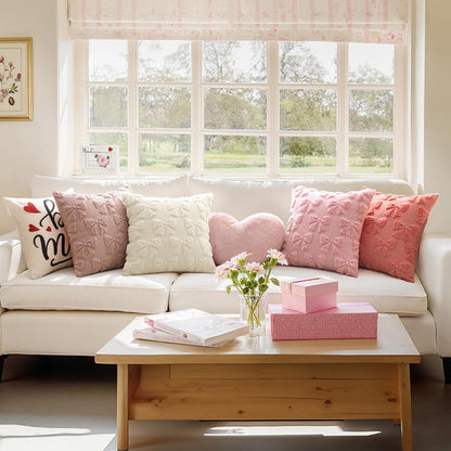 Blush Pink Bow Pillow Covers - Set of 2 Soft Plush Decorative Pillowcases for Aesthetic Room Decor, 18x18 Inches