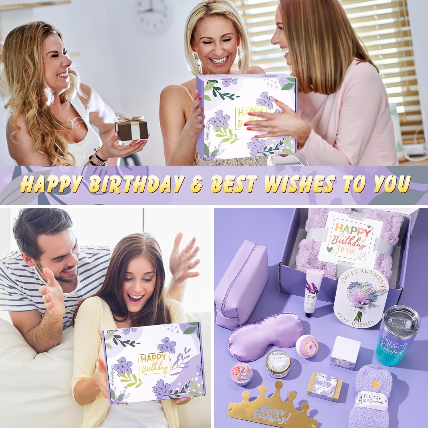 Birthday Gifts for Women Friendship, Unique Happy Birthday Gift Basket for Mom Wife Her Best Friend Sister Girlfriend Coworker W/Flannel Blanket, Luxury Self Care Box Lavender Relaxing Spa Gifts Set