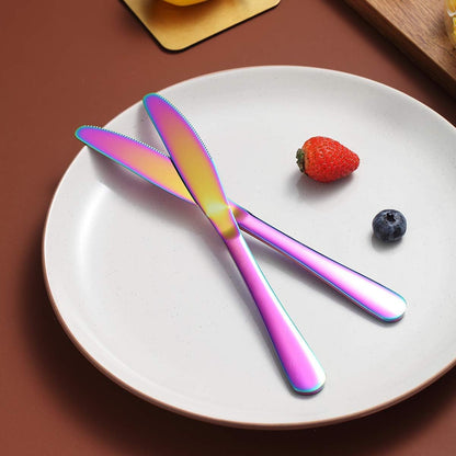 Set of 4 Rainbow Stainless Steel Dinner Knives with Titanium Plating - Colorful and Durable Table Cutlery, Dishwasher Safe