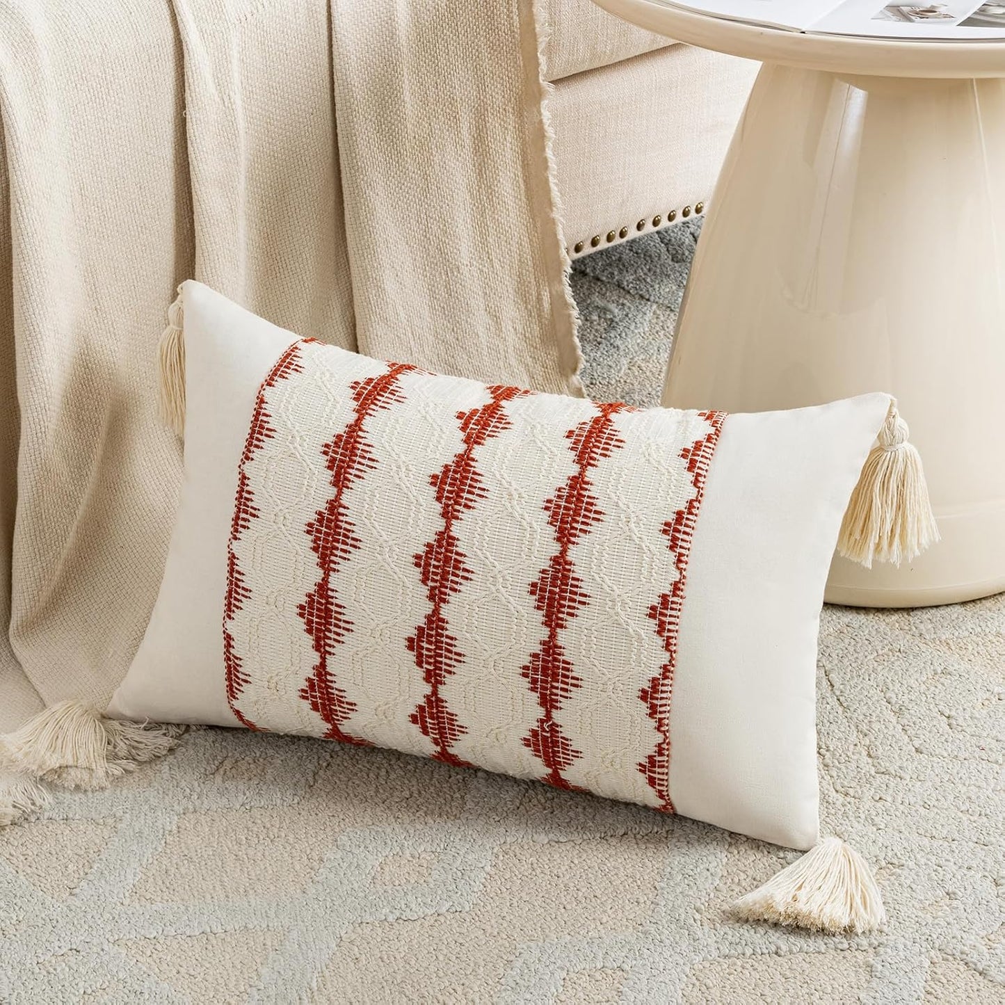 Set of 2 Burnt Orange Lumbar Decorative Throw Pillow Covers 12X20 Inch for Couch Bed Sofa Living Room, Aesthetic Organic Farmhouse Home Decor, Woven Textured Cushion Case with Tassels